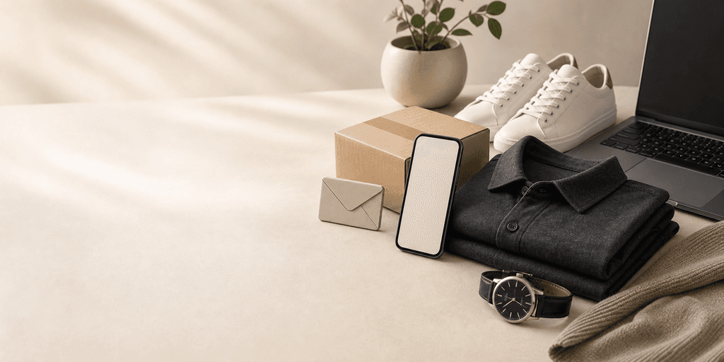 Fashion customer support desk with a phone, laptop, parcel, clothing, sneakers, and a wristwatch